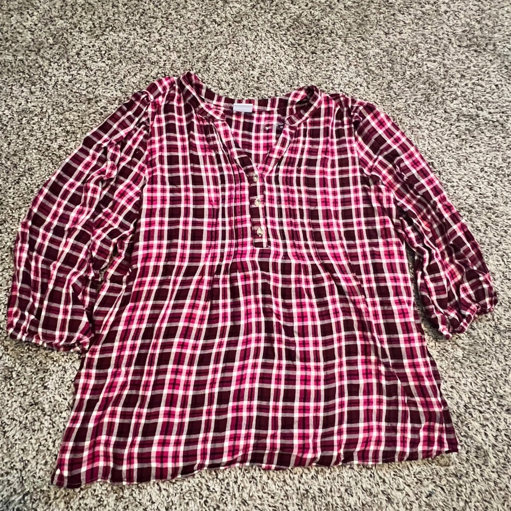 Croft & Barrow Women Large Pink Plaid Rayon Henley Blouse 3/4 Sleeve Pleated Top
